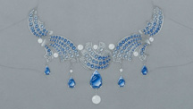 A rendered drawing of a beautiful blue, bejeweled necklace