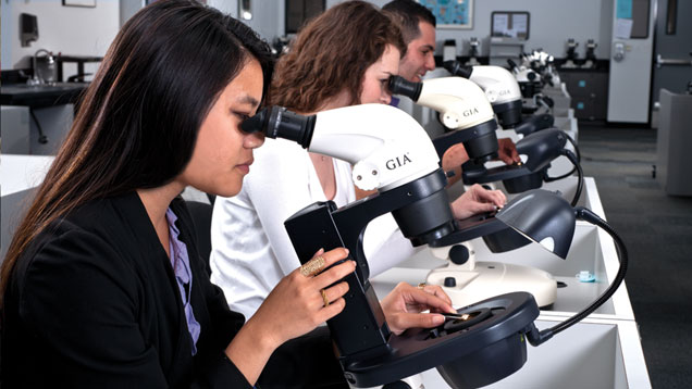 Students in a row inspect stones on GIA microscopes.